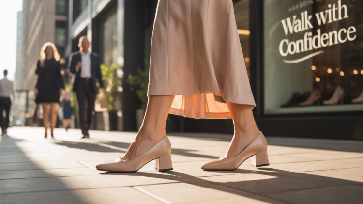A confident city walker in stylish, supportive heels passes by professionals and a store sign promising relief for plantar fasciitis—showcasing fashionable comfort for busy urban lifestyles.