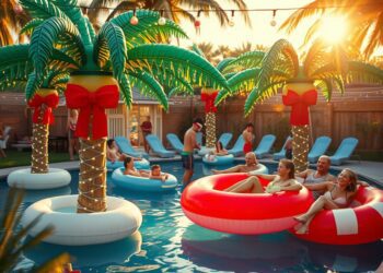 Guests float on palm tree and ring inflatables at a festive pool party adorned with bows, lights, and holiday decorations.