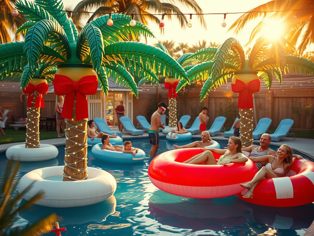 Guests float on palm tree and ring inflatables at a festive pool party adorned with bows, lights, and holiday decorations.