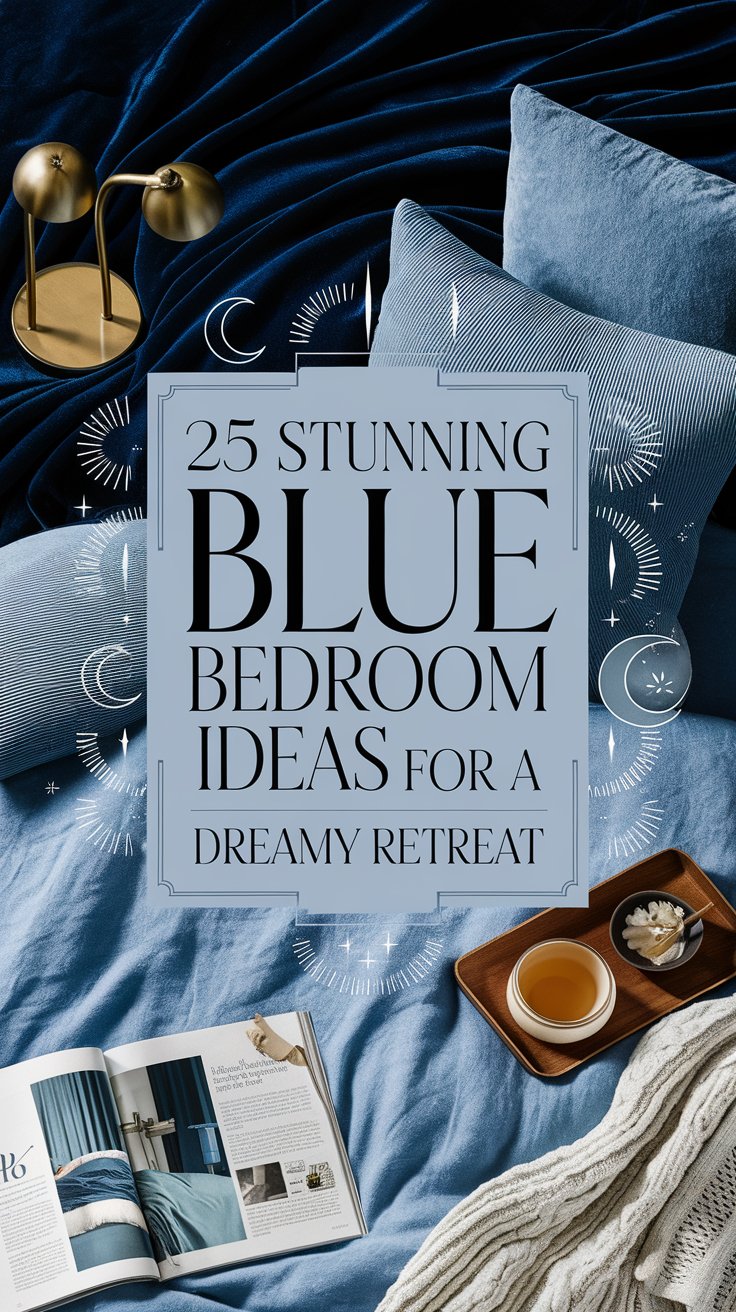 An inviting bedroom scene showcases a dreamy blue interior design with textured velvet blankets and pillows. A small tray holds a mug and snack, while stylish lamps add flair. The text reads, “25 Stunning Blue Bedroom Ideas for a Dreamy Retreat.”.