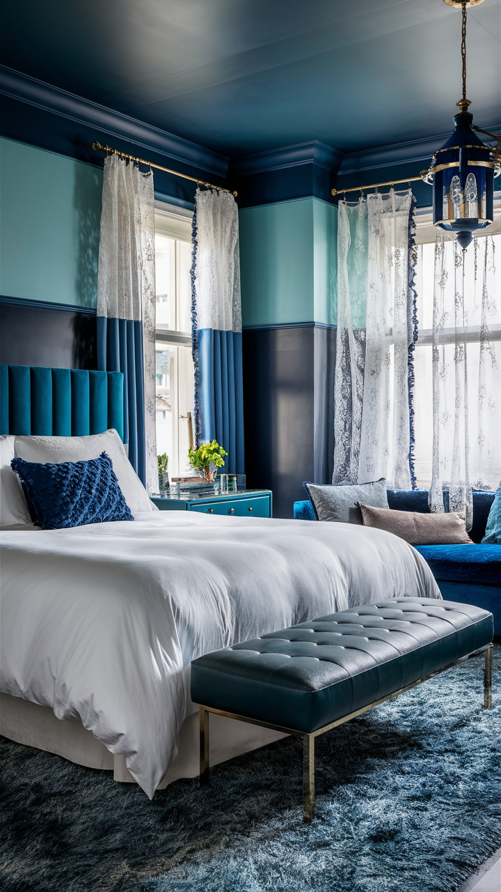 Layer different shades of blue, from teal to navy, to create depth and interest in a blue bedroom.. This monochromatic scheme can be balanced with different textures and fabrics.