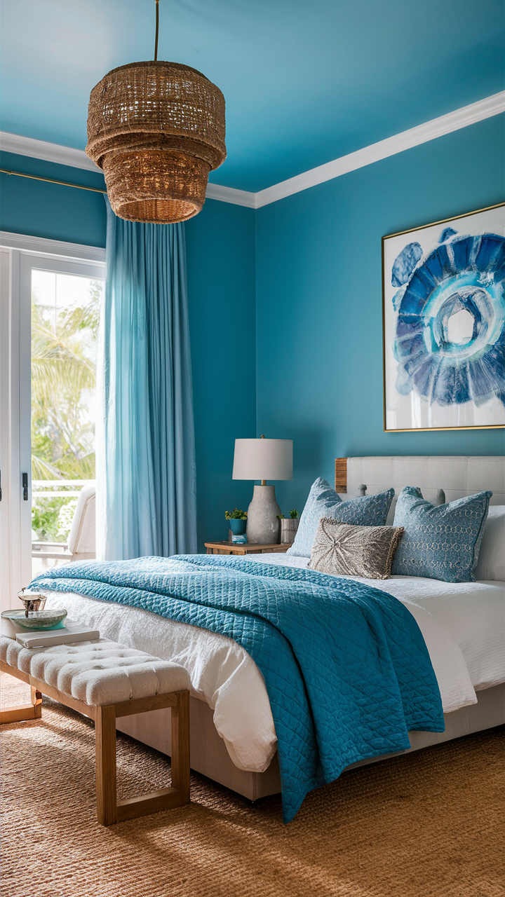 Create a tranquil oasis using azure blues that remind one of clear skies or tropical seas in your Blue bedroom. Add elements that evoke relaxation, such as soft lighting, flowing drapes, and comfortable seating.