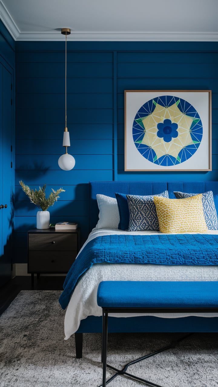 Mix blue with contemporary design using modern furniture and geometric patterns when creating your blue bedroom. Accent pieces in vibrant yellows or greens can add a pop of color to the sophisticated setup.