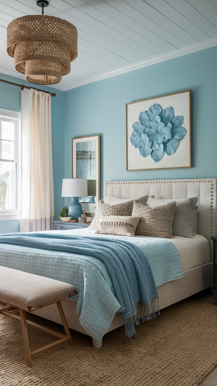 Utilize pastel blues to create a soft, welcoming space. These gentle hues are perfect for a relaxing bedroom atmosphere. Combine with other pastels or neutral tones and textures for a cohesive look.