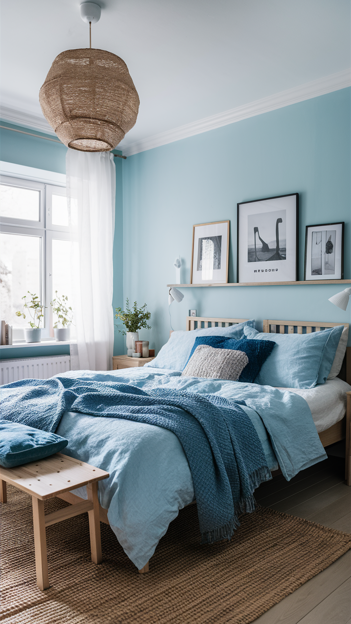 Incorporate light blues into a Scandinavian-style bedroom. Keep the decor minimal with clean lines and natural light woods. The overall atmosphere should be light, fresh, and airy.