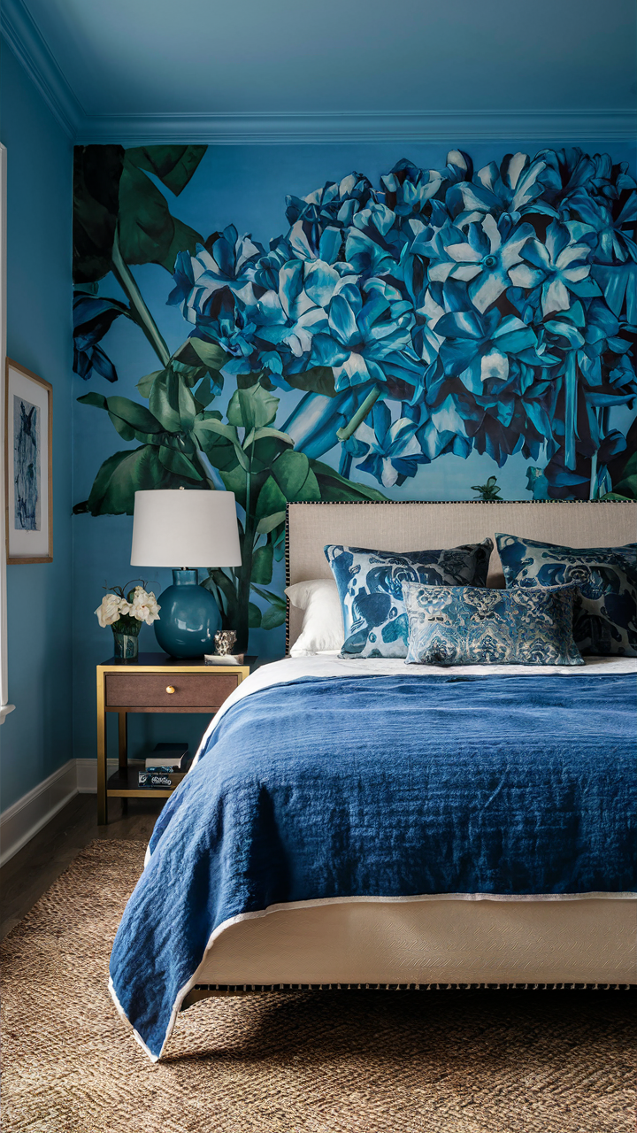 Use the walls as a canvas for large blue artworks or murals. This approach can make the room feel like a personal gallery and add an artistic flair.