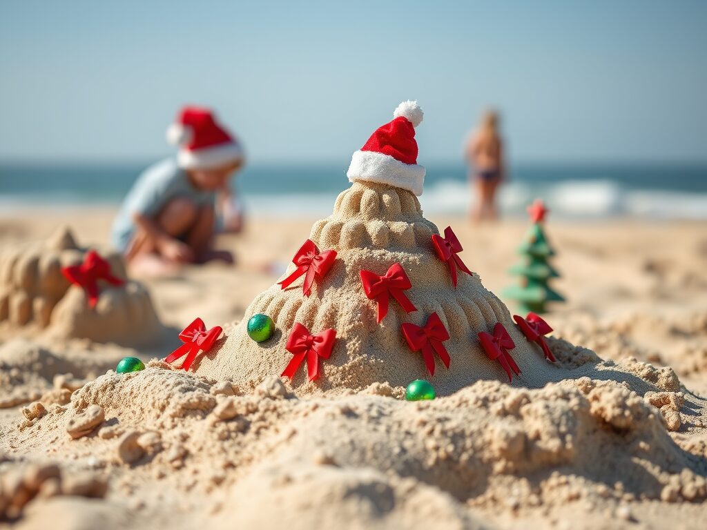 A festive sandcastle adorned with small details glistens on the beach, with children playing and a sandy Christmas tree in view.