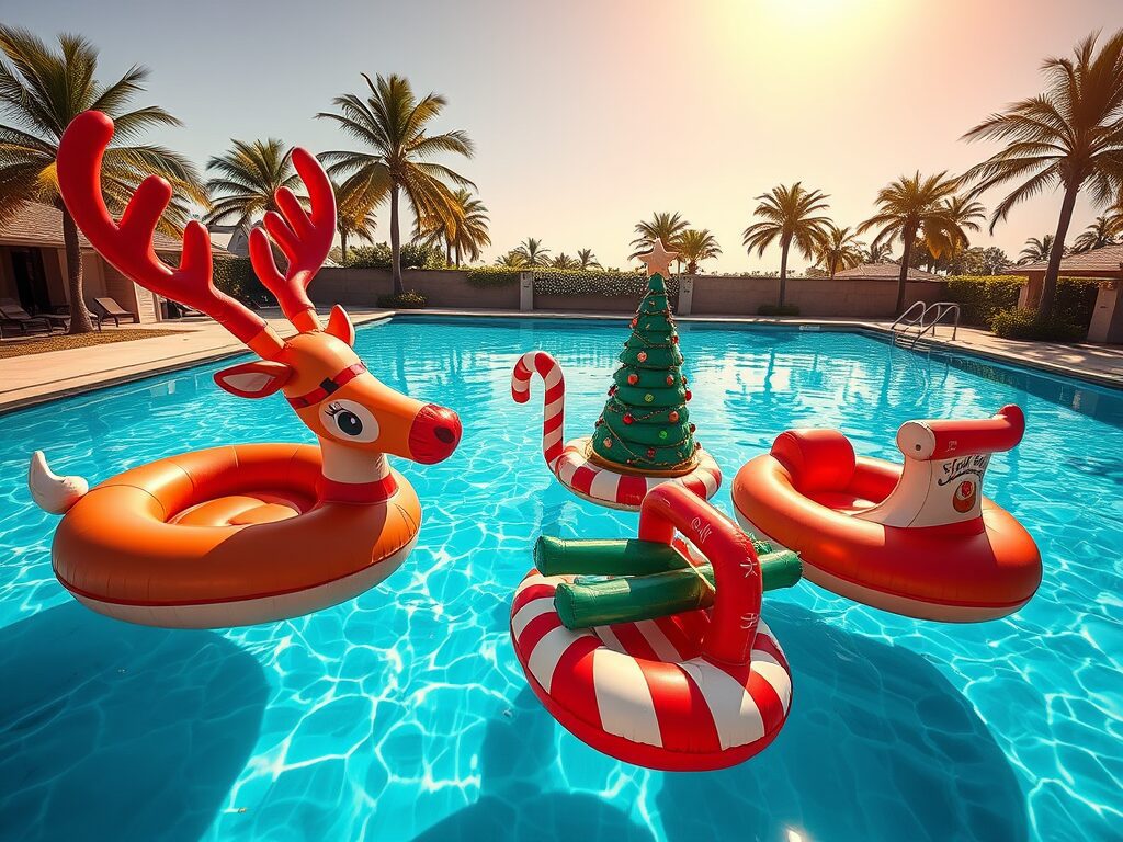 A reindeer, tree, candy cane, and polar bear float with Christmas spirit in a sunlit turquoise pool for a joyful summer celebration.