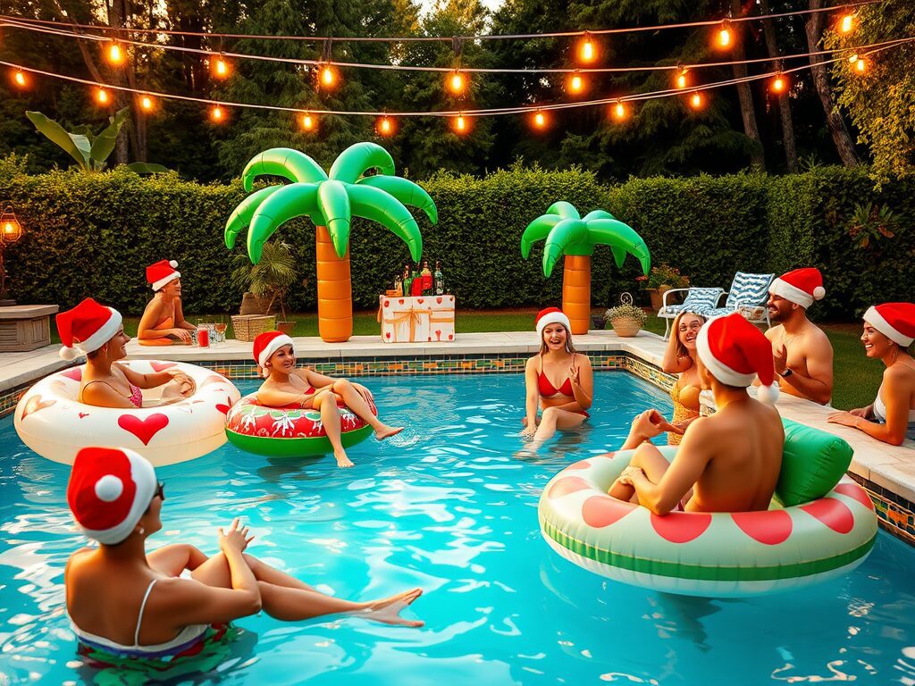 Christmas in July backyard pool party with festive pool floats, inflatable palm trees with string lights, and guests wearing Santa hats