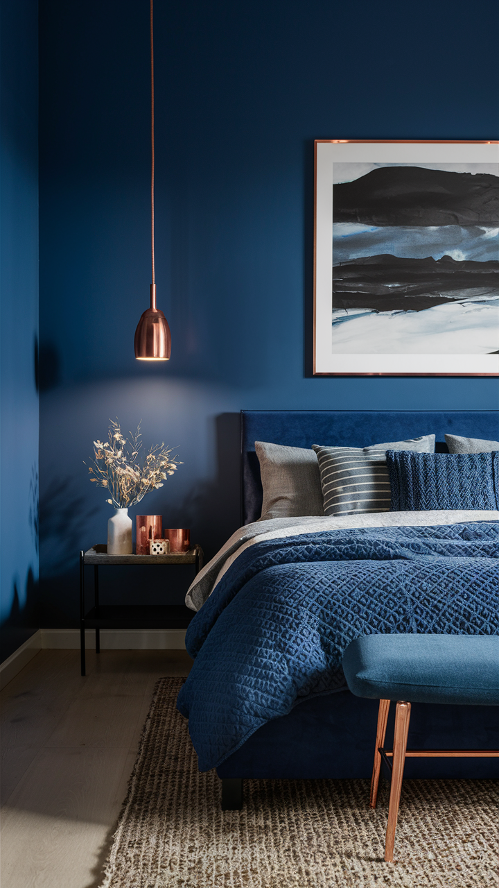Pair a deep blue with warm copper accents for a striking contrast. Copper lamps, frames, and decorative items can warm up the cool tones of the blue and add a modern touch.