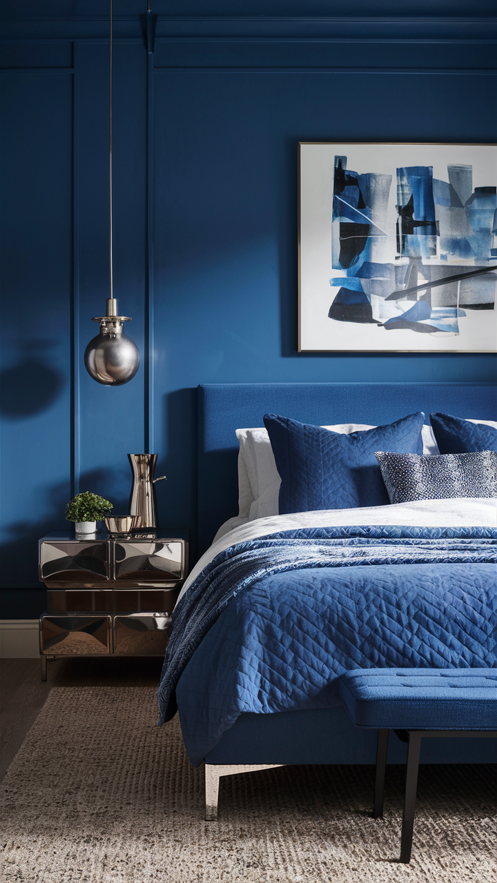 Elevate a blue room with metallic finishes like chrome, silver, or gold. These accents can add a touch of luxury and modernity to a modern blue bedroom.