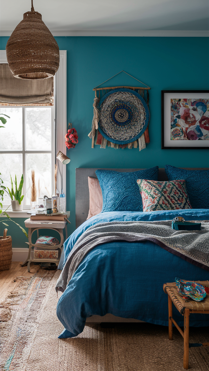 Incorporate different shades of blue with eclectic and bohemian style elements like mismatched patterns, natural textures, and colorful accents. This creates a lively and artistic bedroom environment.