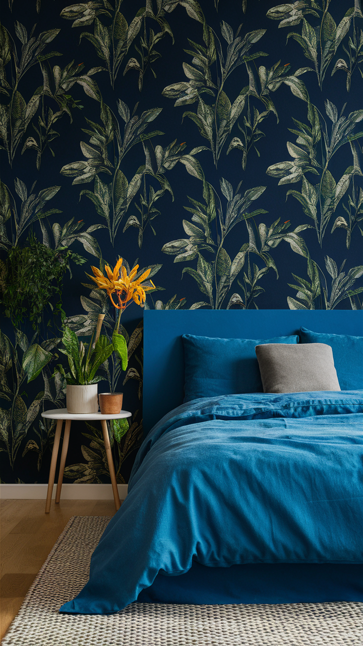  Enhance a blue bedroom by incorporating green botanicals. Whether it’s through wallpaper, fabric patterns, or actual plants, the addition of greenery can bring life and vibrancy to the room.
