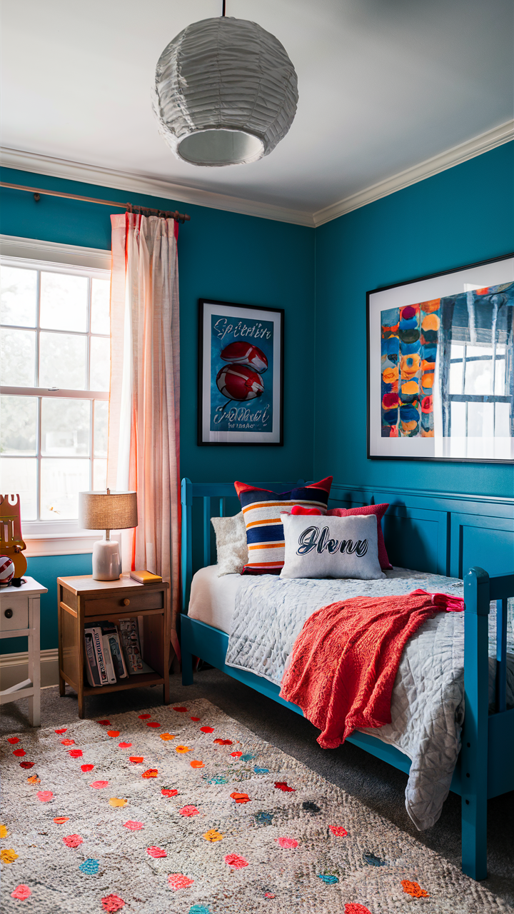  Ideal for a younger person’s room, sporty blue can be paired with bright colors like orange or red in sport-themed decor, including memorabilia and artwork.