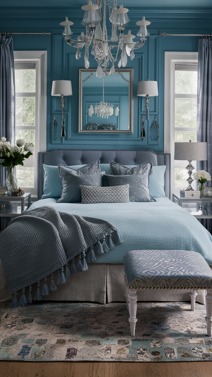  Soft sky blue walls can help create a peaceful and calming environment. Pair with soft grays and creamy whites for bedding and furniture to maintain a light and breezy atmosphere. Silver or mirrored accents can add a touch of elegance.