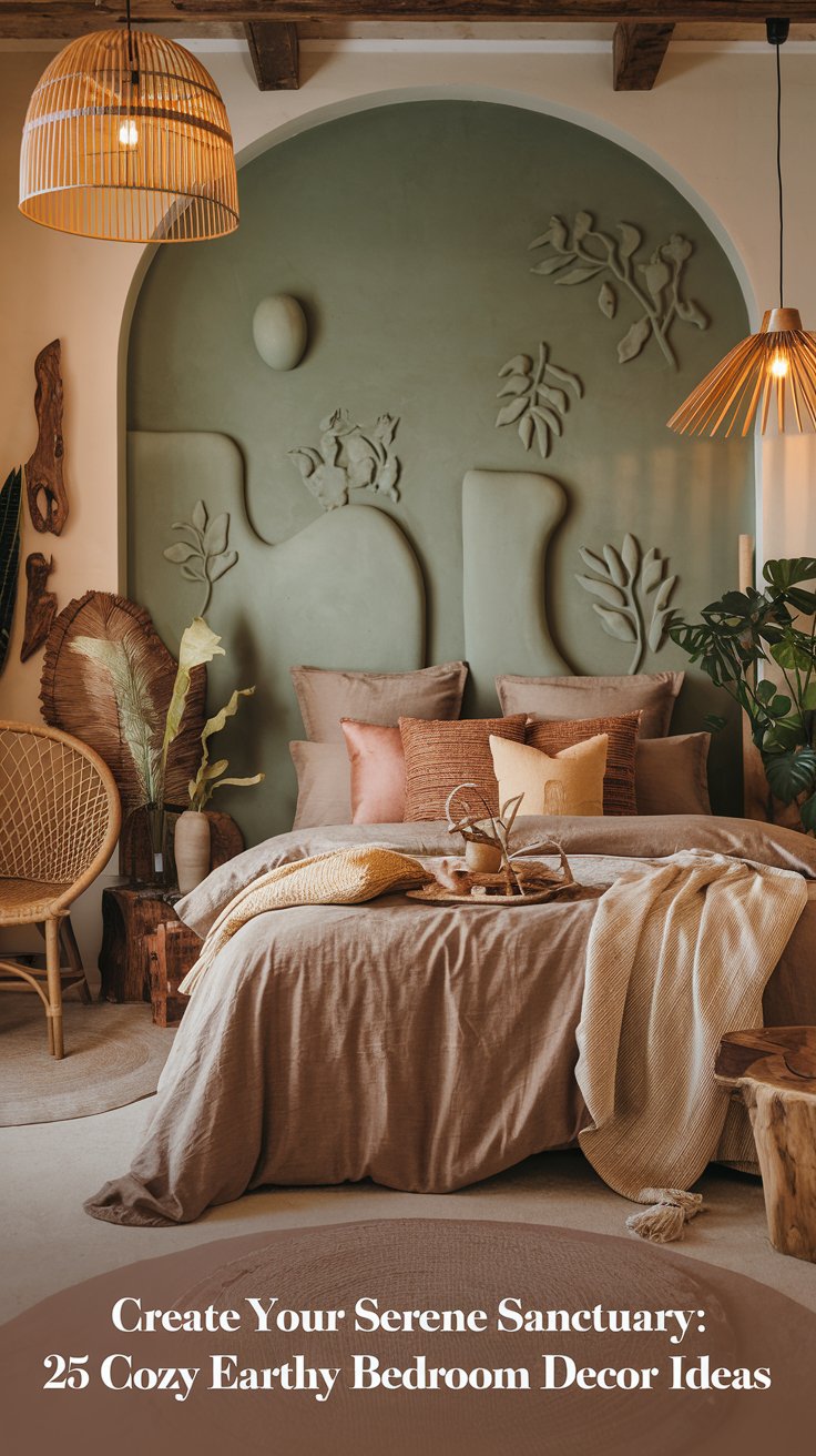 A serene sanctuary, this cozy earthy bedroom decor features a bed with soft, brown linens surrounded by various plants. The wall showcases raised abstract leaf designs. Warm lighting from pendant lamps and natural wood elements enhance the tranquil atmosphere.