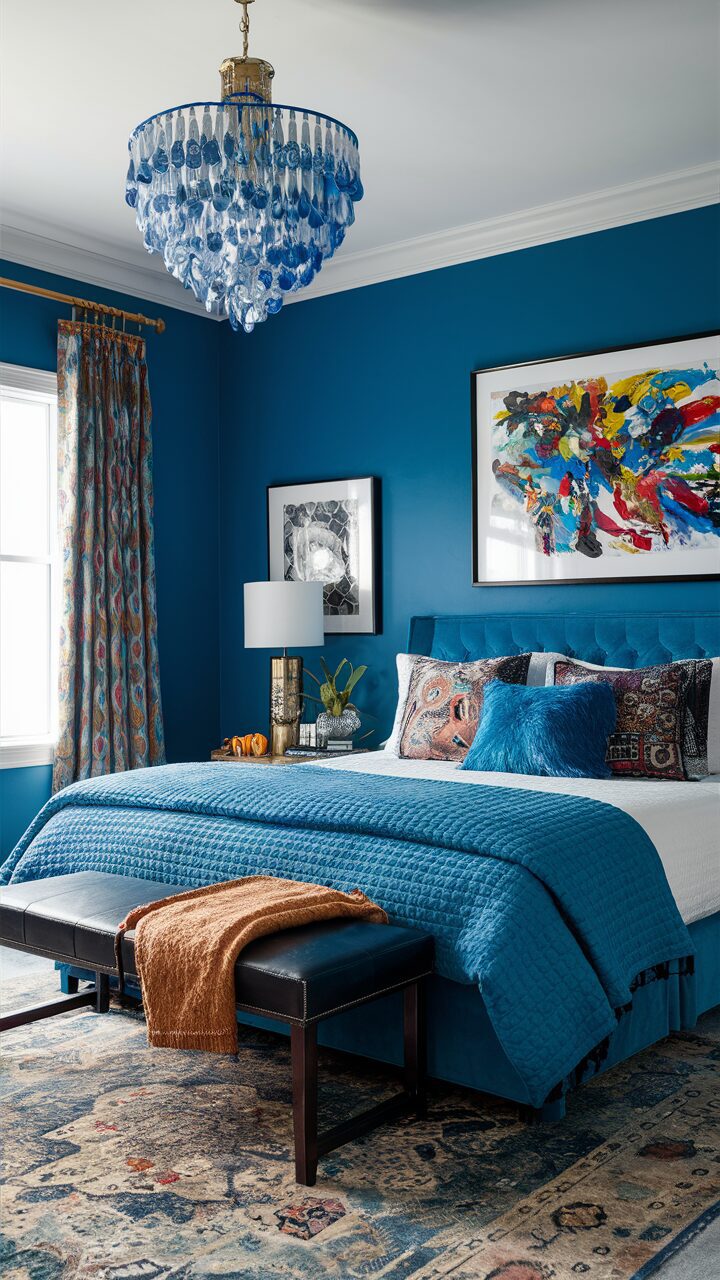 Use electric blue as a statement color to bring energy and vibrancy to the blue bedroom. Pair with eclectic furnishings and bold art pieces for a unique look.