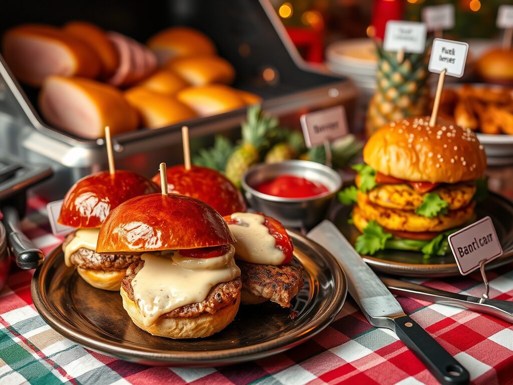 Juicy burgers with gooey cheese and sweet pineapple on shiny buns, topped with greens, served picnic-style for holiday cheer.