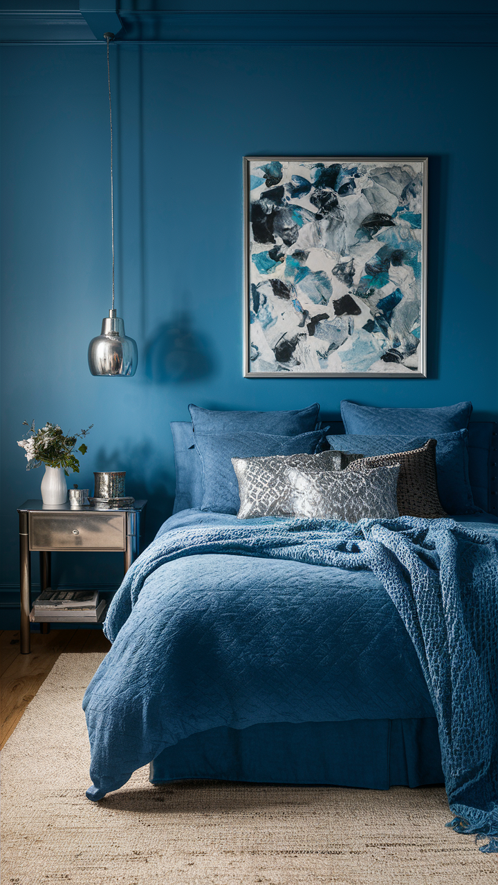 Mimic the feel of winter with frosty blues combined with silvery and glass accents in a blue bedroom. This creates a cool, crisp aesthetic that mimics a snowy landscape.