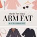 Illustration featuring various clothing items like dresses, tops, and accessories around a central text that reads, Stylish Outfits: Arm Fat Concealment. The clothing items are depicted in pastel colors.