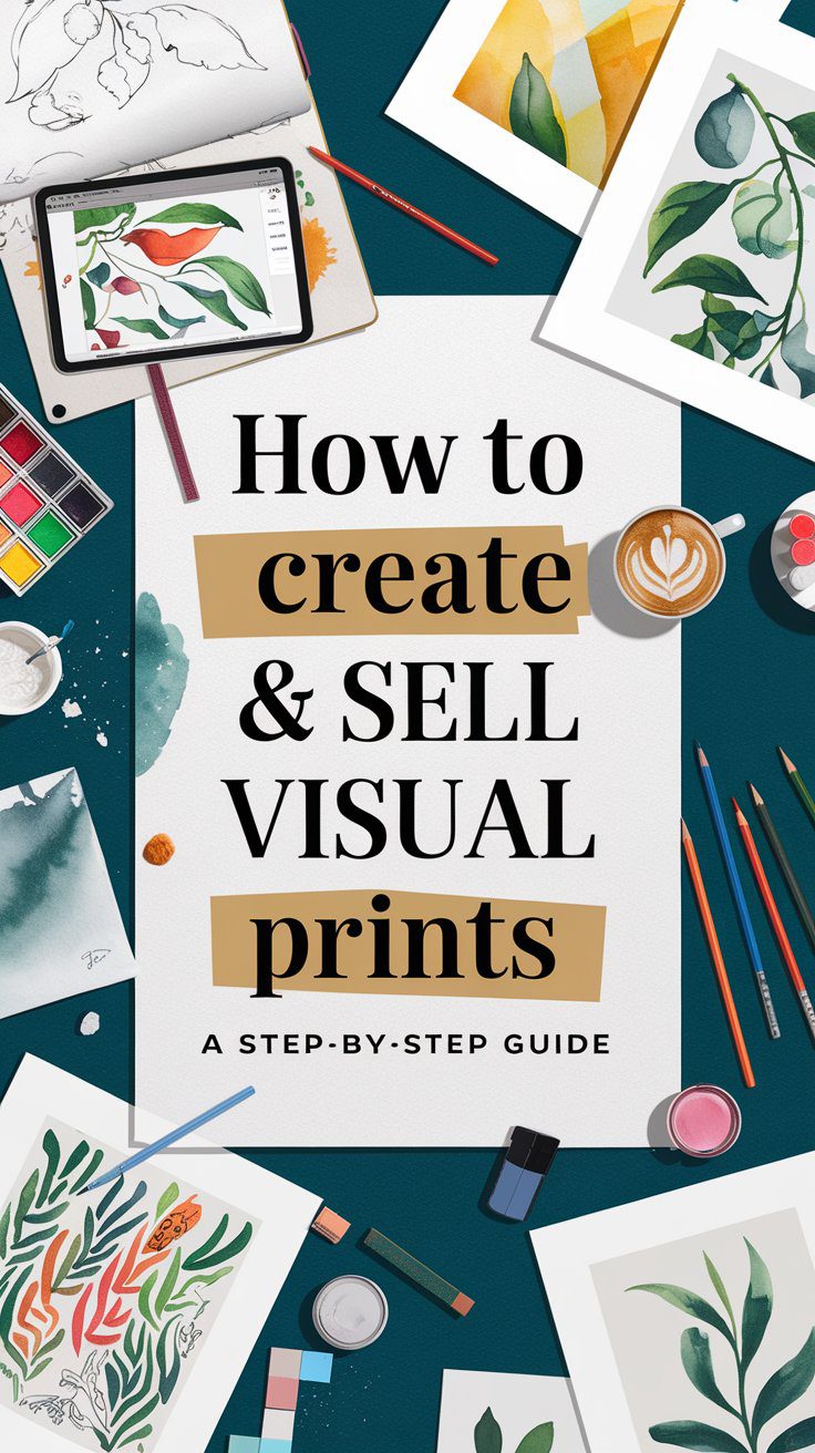 A flat lay of an art workspace showcases a tablet with digital art, watercolor paintings, colored pencils, brushes, and coffee. A paper at the center reads, How to Create & Sell Visual Prints: A Step-by-Step Guide, offering creative minds essential insights into the world of visual prints.