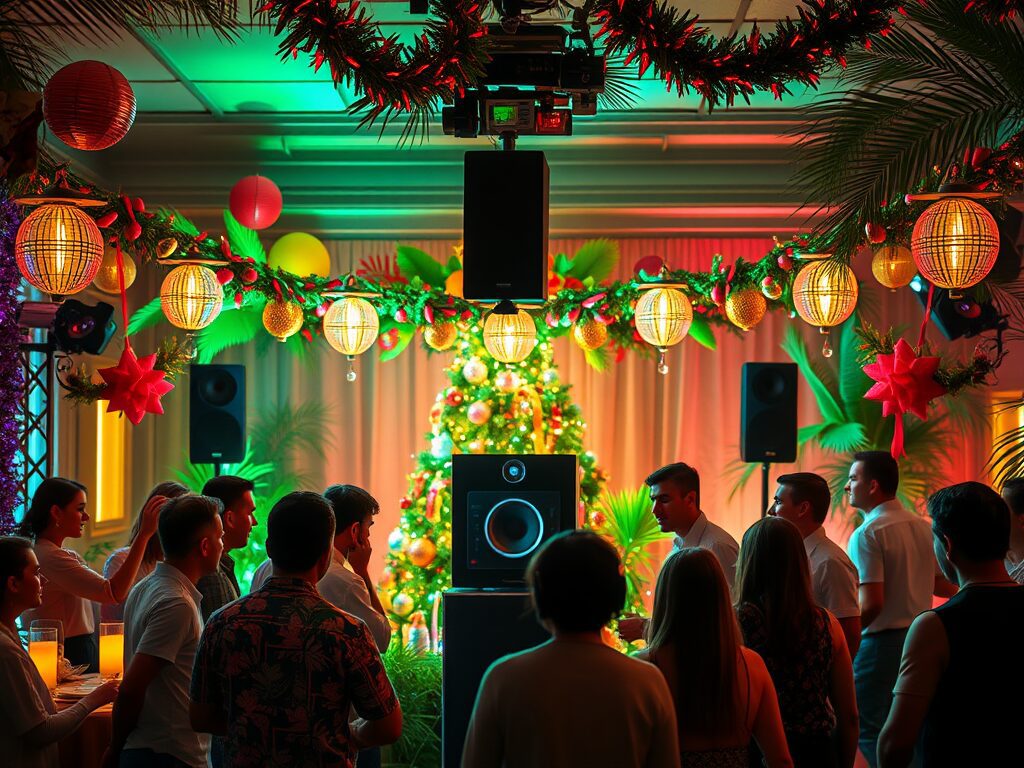 Celebrate Christmas in July with a lively indoor party by a decorated tree and lush tropical plants—playlist tips included!.