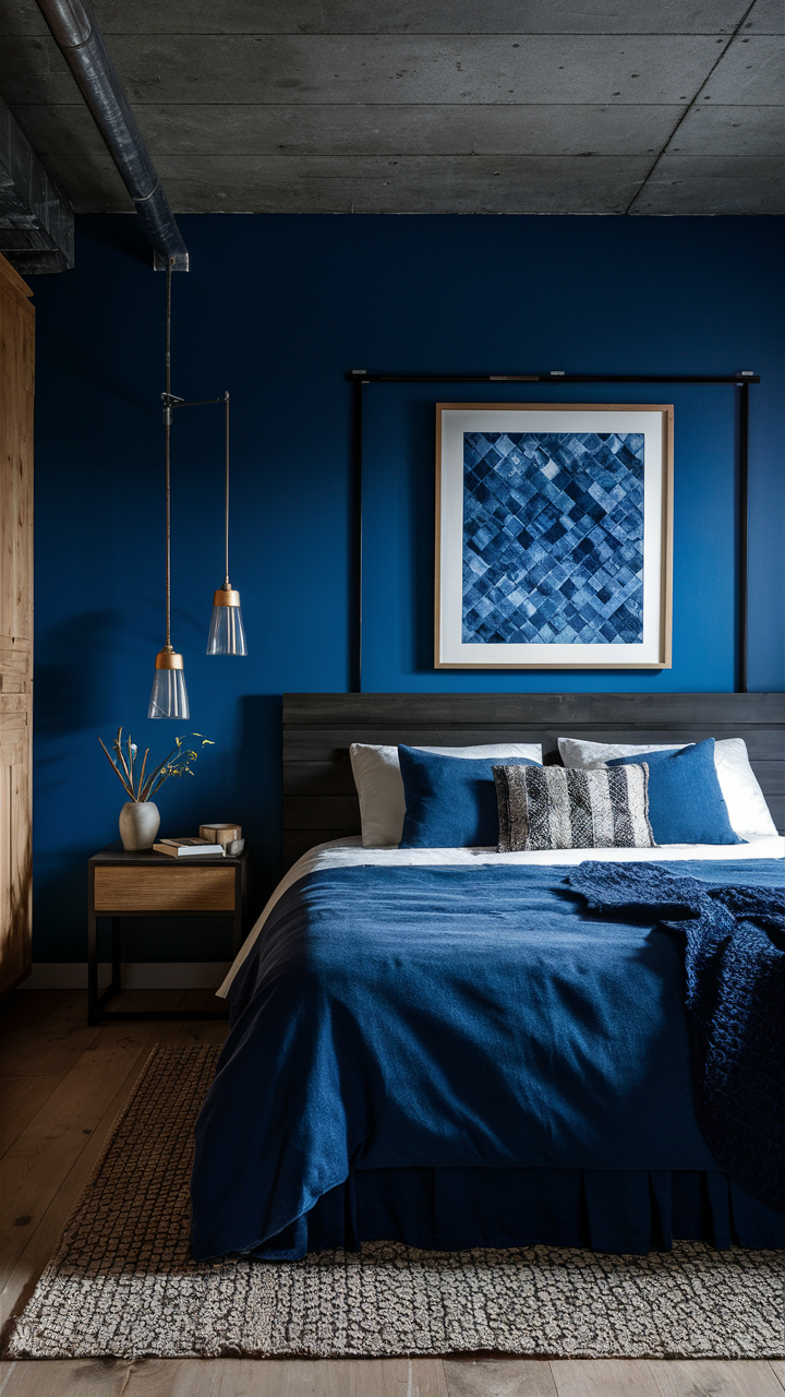 Combine blue with industrial elements such as exposed metal and raw wood in a blue bedroom. Darker blues can particularly highlight these features, giving the bedroom a modern, urban feel.