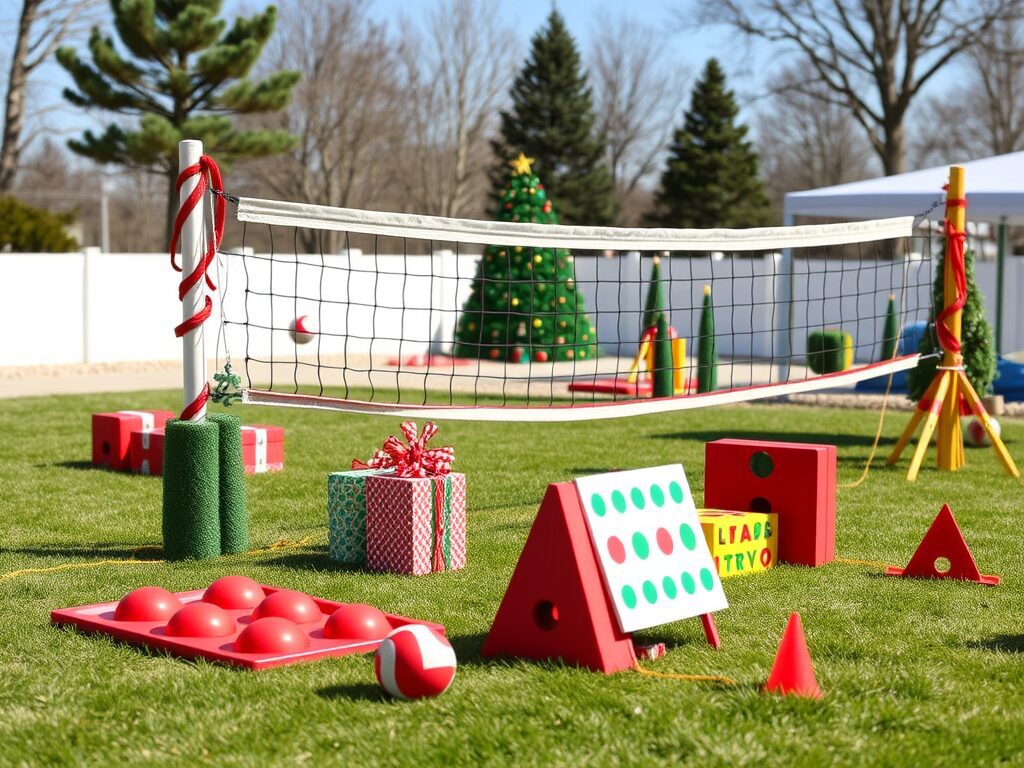 Celebrate July with a festive backyard setup—outdoor holiday games, vibrant décor, and a sparkling Christmas tree centerpiece.
