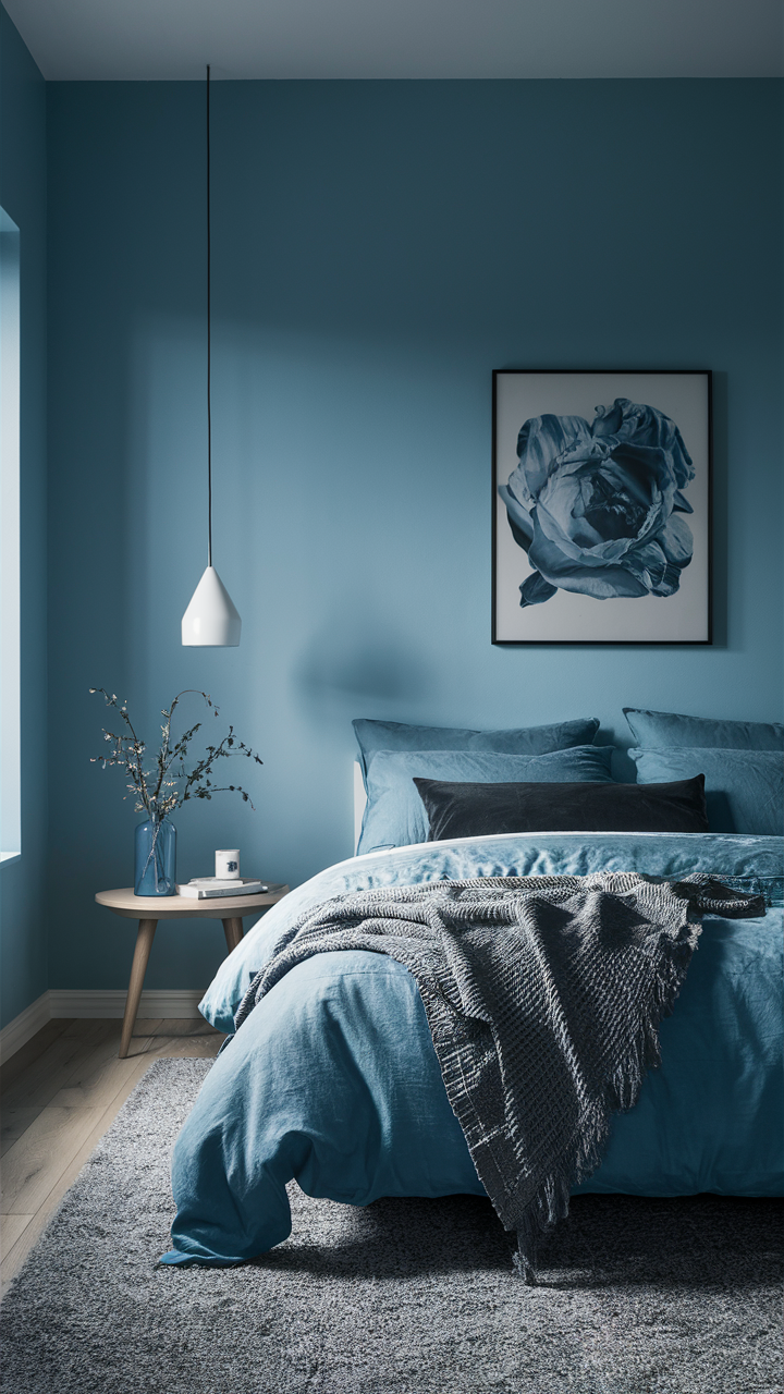 Keep it simple with a minimalist approach to a Blue bedroom. Use a pale blue as the base and limit the furnishings and accessories to a monochromatic palette. Clean lines and uncluttered spaces will emphasize the minimalist vibe.