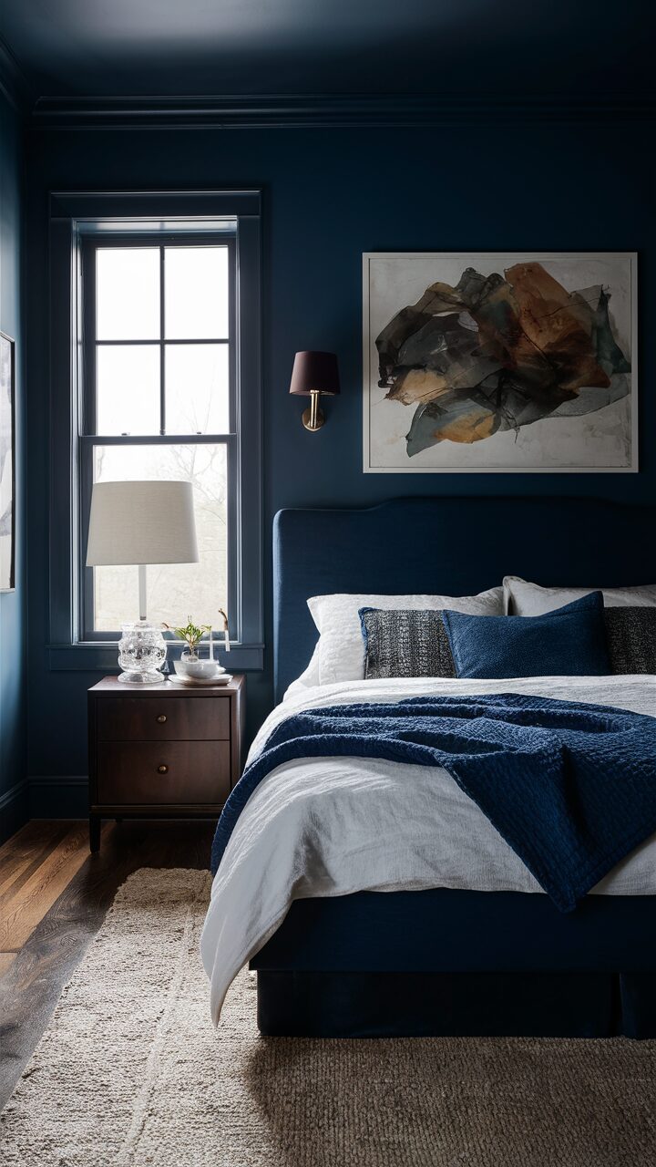 Use deep indigo walls to create a moody and atmospheric space in a blue bedroom. Pair with rich, dark furniture and pops of white for contrast.