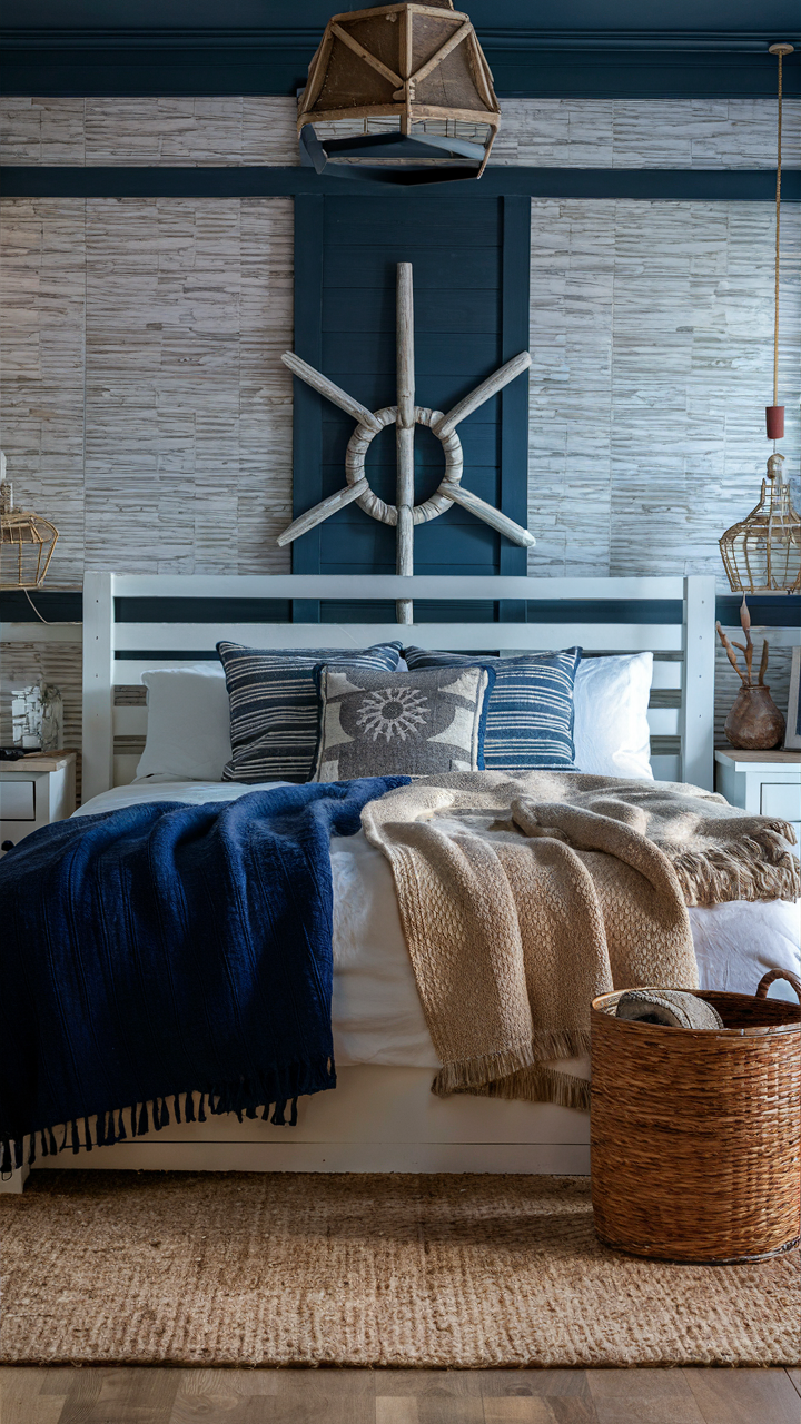 A navy blue color scheme works perfectly for a nautical-themed bedroom. Use crisp white linens and navy blue accents, such as throw pillows and blankets. Add decorative elements like anchors, ropes, and striped patterns to emphasize the maritime feel.