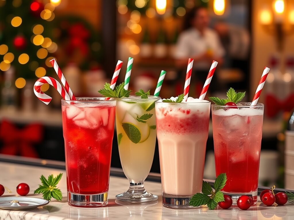 A quartet of vibrant cocktails in striped-straw glasses shines on marble, topped with mint, cranberries, and lime amid glowing decor.