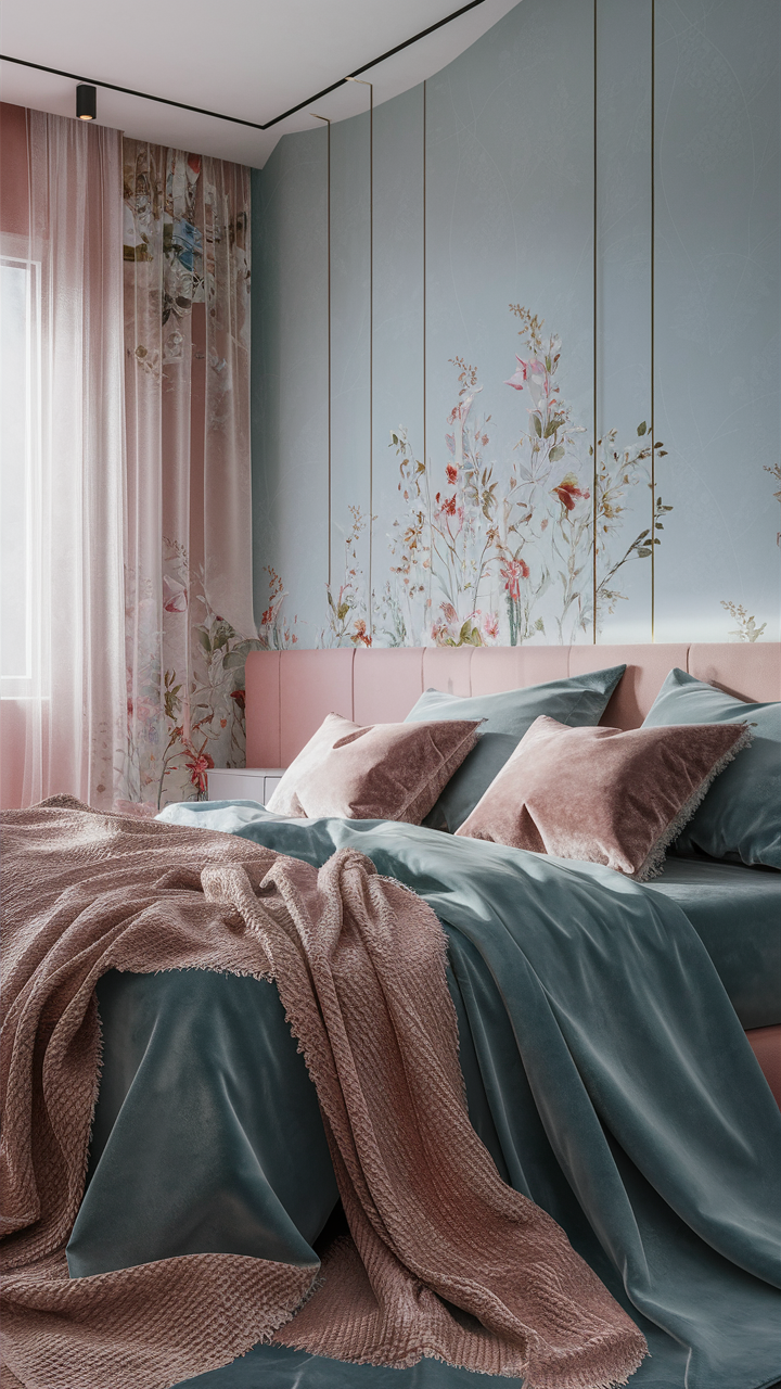 Combine blue with soft blush pink for a tender, romantic feel bedroom. This color combination works well with floral patterns and delicate fabrics, creating a gentle and inviting bedroom space.