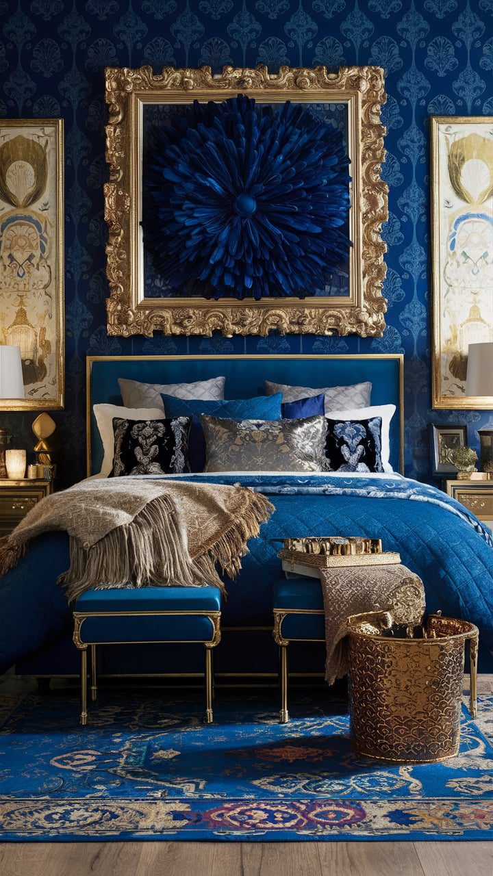 Use a rich royal blue as an accent wall or throughout the room for a bold and regal feel. Complement this with gold accents, luxurious textiles, and elaborate patterns to create a decadent and opulent space.