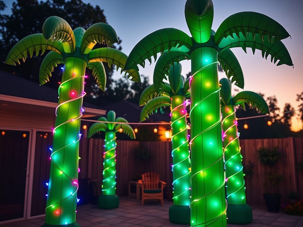 Inflatable palm trees wrapped in vibrant holiday lights brighten a sunset patio, perfect for festive gatherings or summer parties.