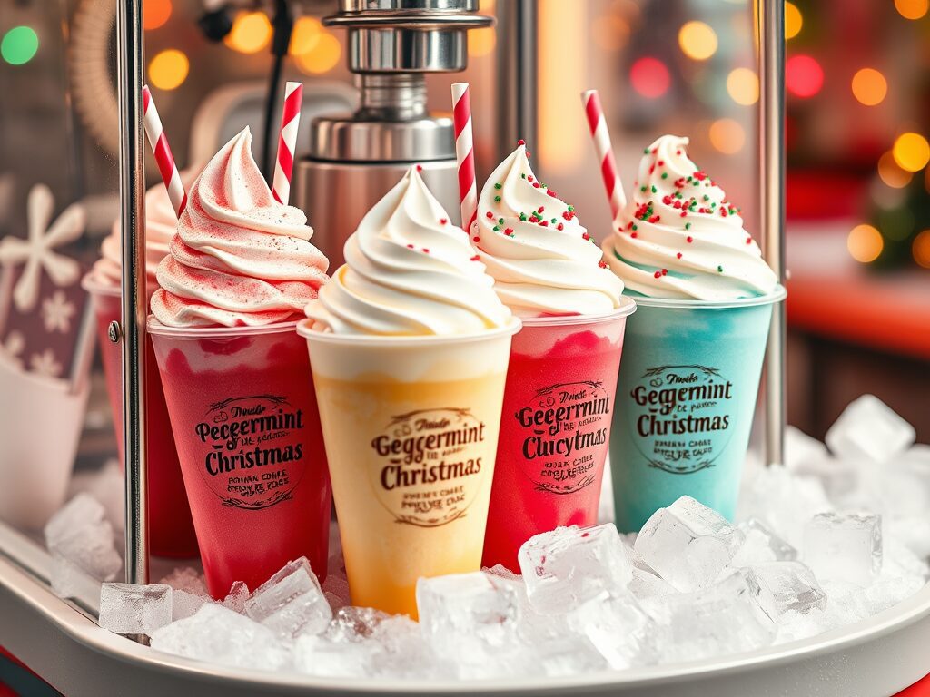 Kids love this: Soft serve flows from a holiday ice cream machine into red dotted cups with candy canes, sprinkles, and twinkle lights.