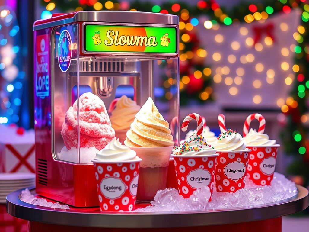An ice cream machine delights partygoers, filling red cups with soft serve amid candy canes, sprinkles, and glowing lights.