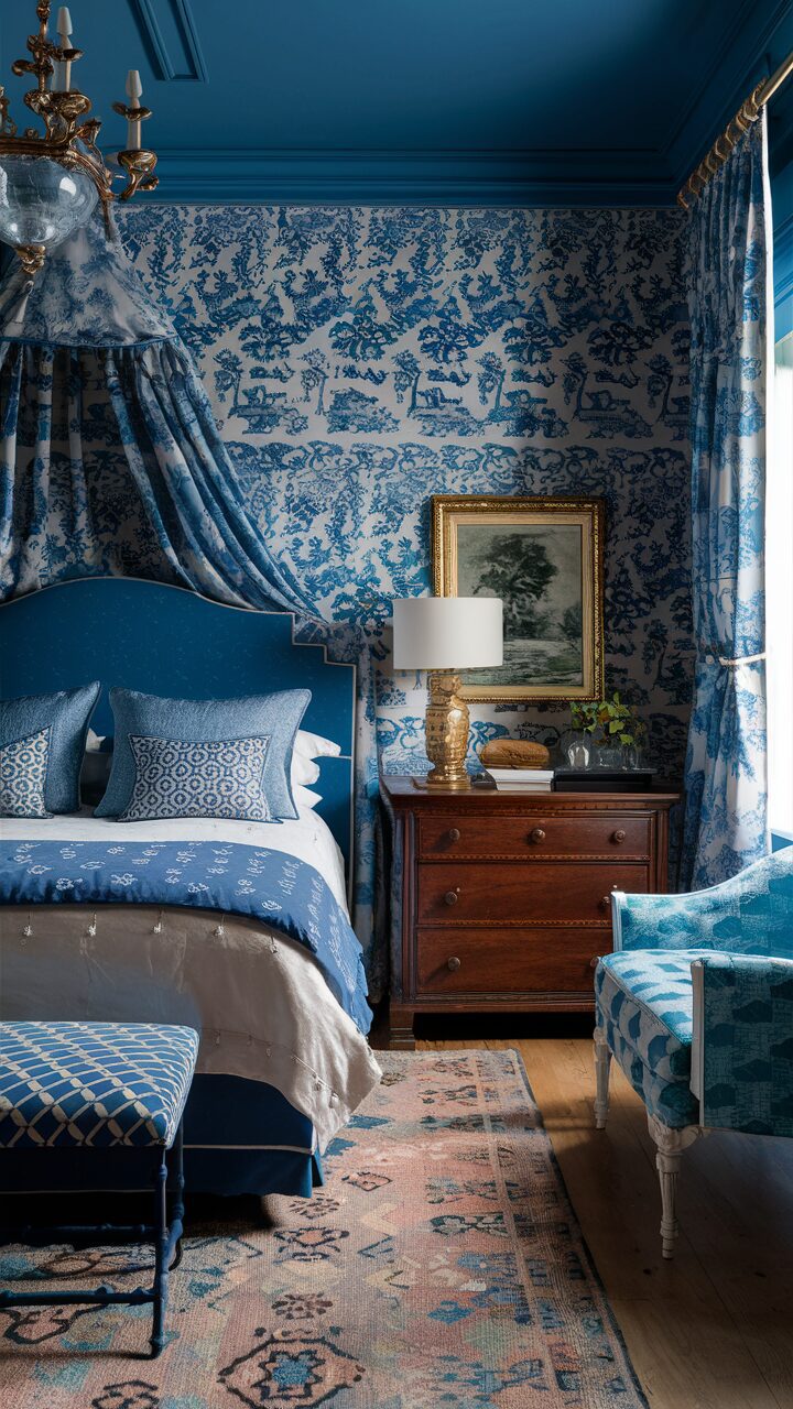  Stick to traditional patterns like toile or damask in blue and white to create a timeless look in a blue bedroom. Antique furniture and classic art pieces complement this style well.