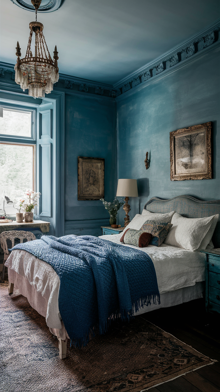  Use faded or washed-out blues to create a vintage aesthetic bedroom. Incorporate antique or distressed furniture and heirloom textiles to enhance the historic feel of the room.