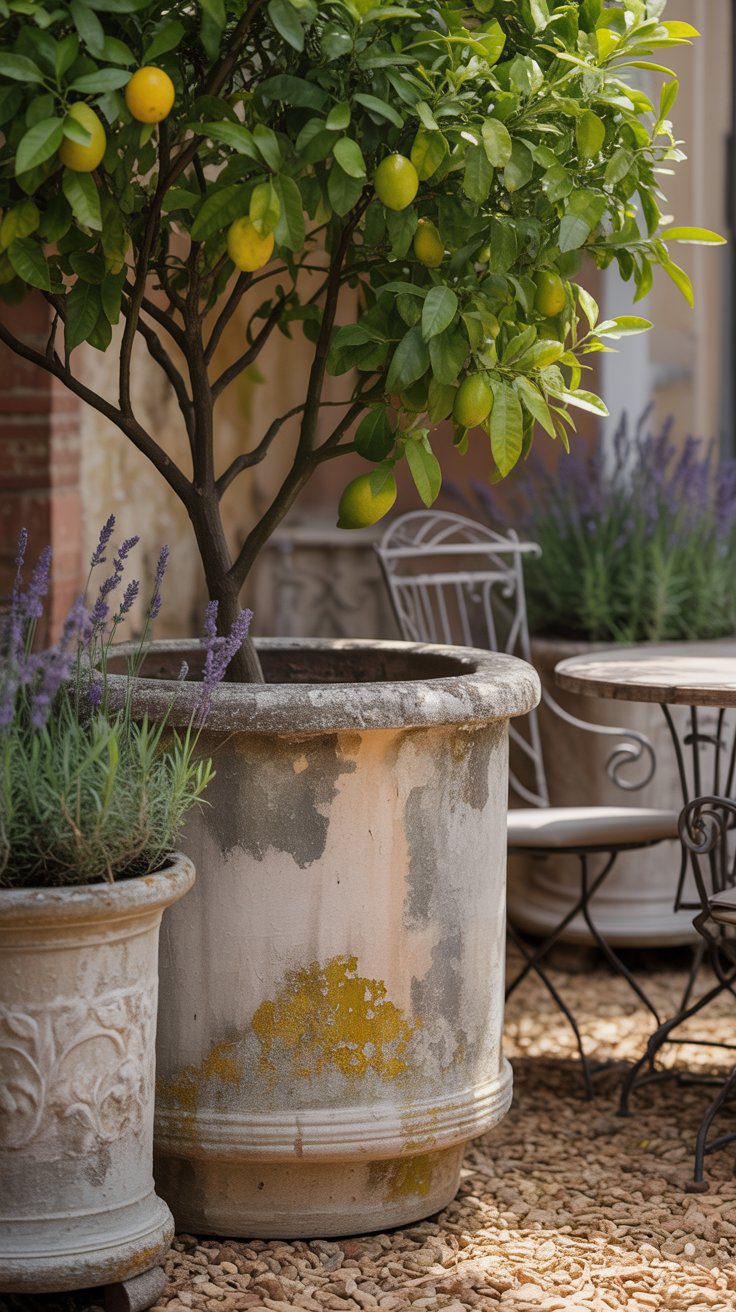 Aged Stone Mediterranean — Fill halfway with soil and compost mix, position your tree, and backfill loosely. Stone holds moisture, so water only when the top inch feels dry.