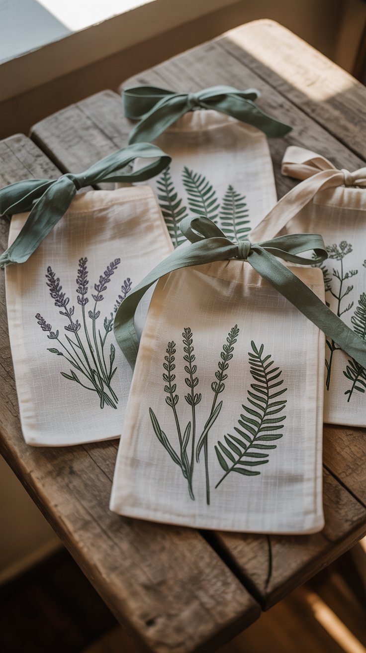 Eco-Friendly DIY Fabric Gift Bags with Botanical Prints and Ribbon Ties – Sustainable Gift Wrapping Ideas for Holidays.