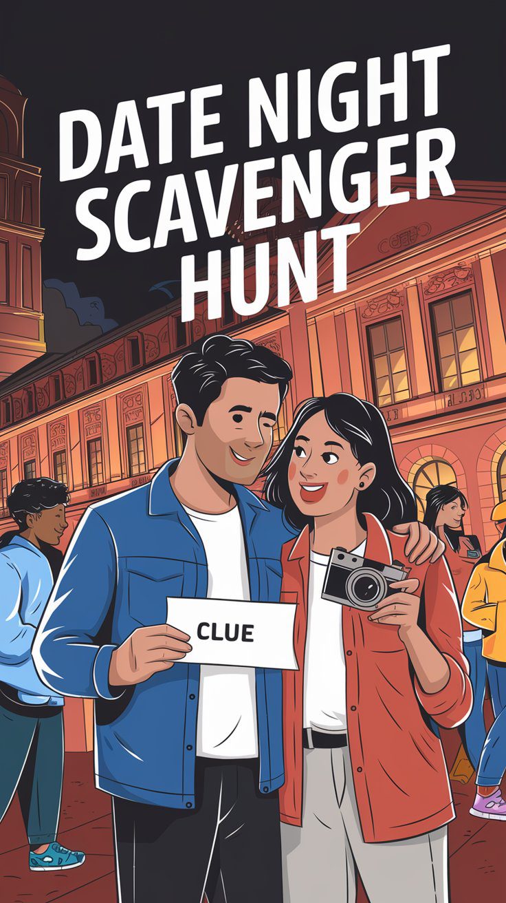 Illustration of a smiling couple holding a Clue card and camera during a night scavenger hunt. Other couples stroll in the background, with a warmly lit building behind. Text above reads Couples Date Night Scavenger Hunt.