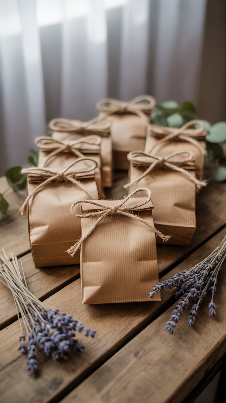 DIY Rustic Gift Bags with Dried Lavender—Eco-Friendly Handmade Party Favor Ideas for Boho Weddings or Natural Decor.