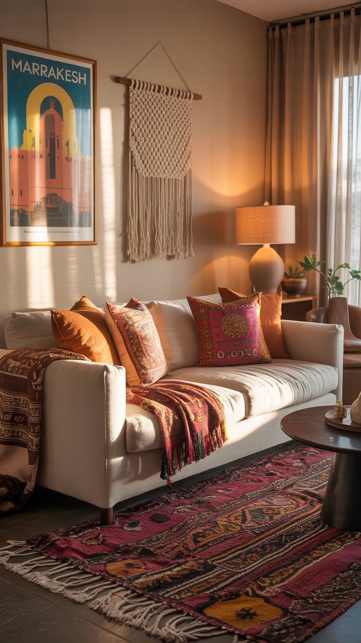 Start by adding textiles from far-off places. Moroccan Berber rugs, Indian throw pillows, or South American woven tapestries immediately bring depth, color, and character to your space. These elements anchor the room in history and culture while maintaining the laid-back vibe of boho design. They offer a tactile richness that modern furniture can’t quite capture.