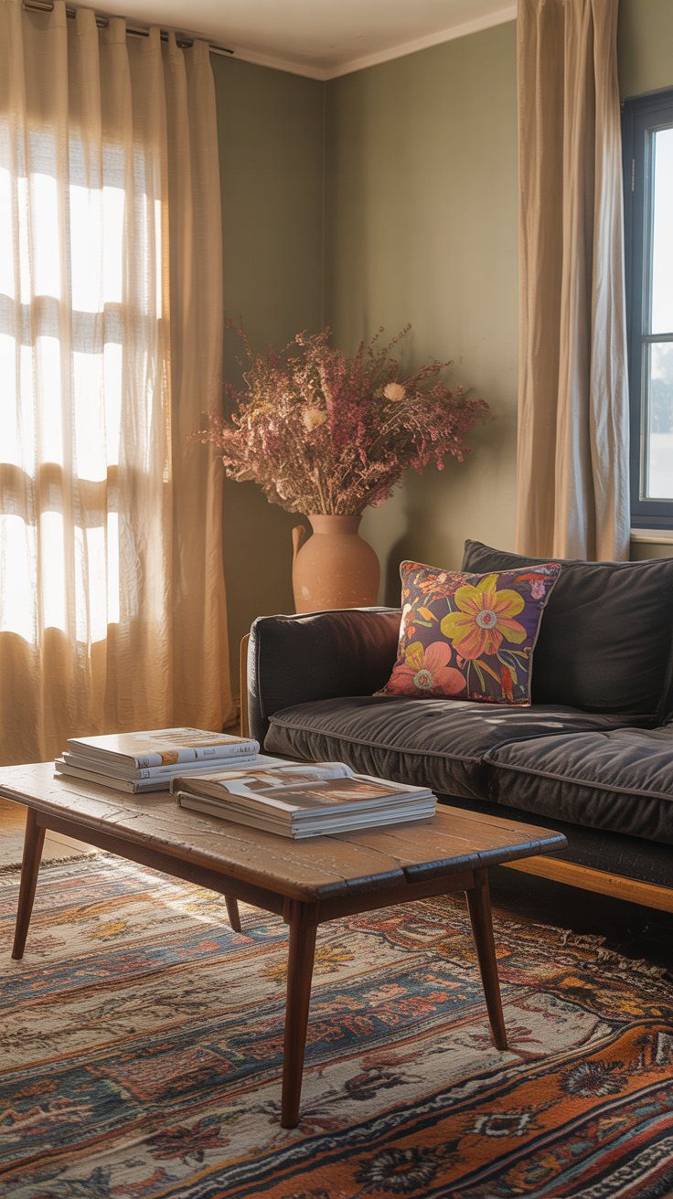 When it comes to patterns, mix and match tribal prints, florals, and geometric shapes. These patterns are key to bringing that eclectic, bohemian feel to your mid-century modern foundation. A floral throw pillow on a clean-lined mid-century sofa or a geometric rug under a vintage wooden coffee table instantly creates that lived-in, curated vibe.