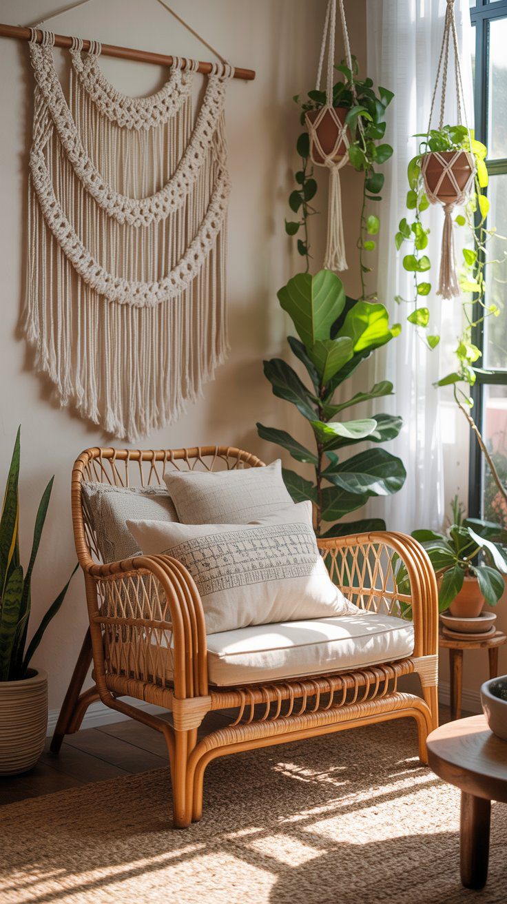 Rattan furniture is key to the mid-century modern boho aesthetic. It introduces an organic texture that complements the sleek lines of mid-century design. Rattan chairs, armchairs, and even hanging swing chairs can transform your space into a cozy, inviting haven. The light, airy nature of rattan furniture helps balance the more structured, minimalist elements found in modern décor. It brings softness and warmth while maintaining an effortlessly chic vibe.