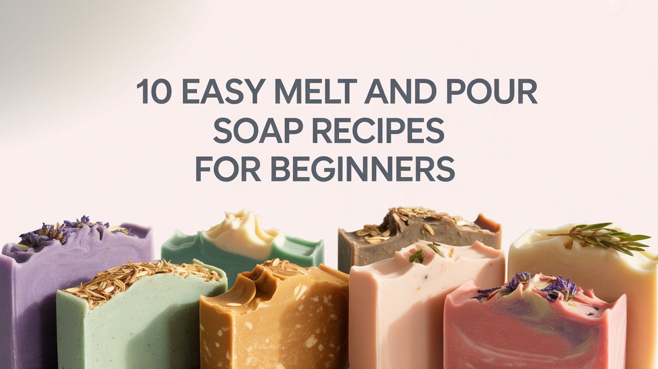 Vibrant handmade soap bars sit against a pale backdrop, highlighted by modern design text above. Ideal for beginner soap crafters!.