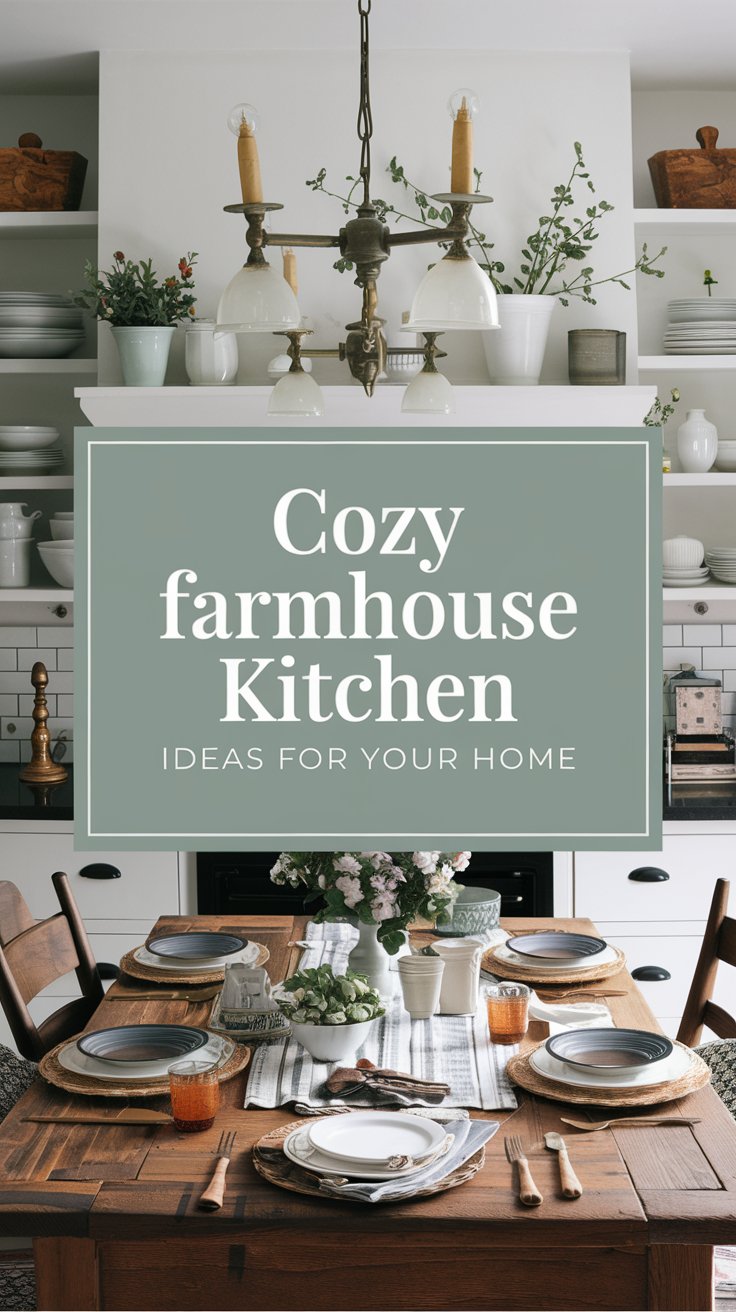 A cozy farmhouse kitchen featuring a wooden dining table set for four. Shelves with dishes and decor grace the background, under a charming chandelier. Text on the image reads: Cozy Farmhouse Kitchen Ideas for Your Home.