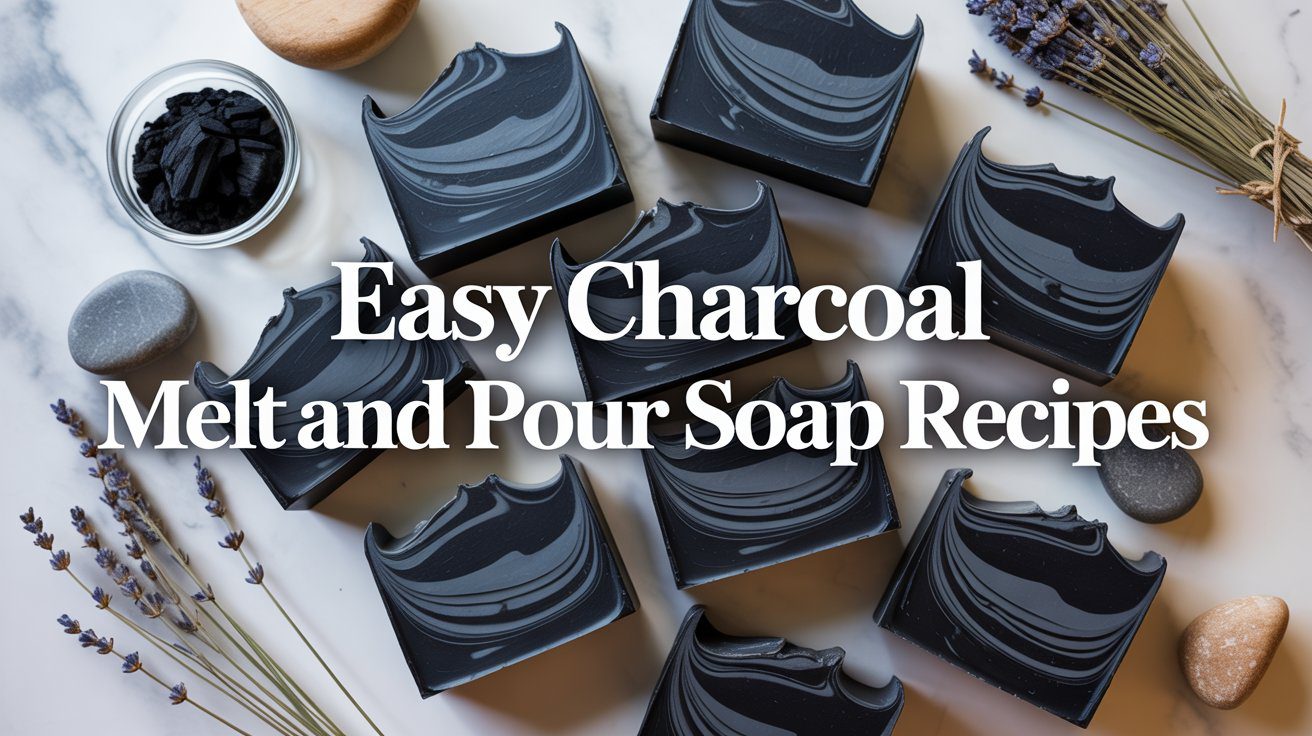 Charcoal soap bars with rugged tops rest on marble, surrounded by lavender, stones, and charcoal powder. Text: “Easy DIY Charcoal Soap.”.