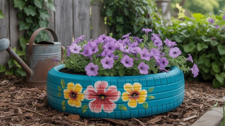 A vibrant blue upcycled tire planter, decorated with cheerful painted flowers and filled with blooming purple petunias, adds creative DIY flair to the garden. Surrounded by mulch, lush greenery, and a metal watering can, this eco-friendly project beautifully combines sustainability with eye-catching design.